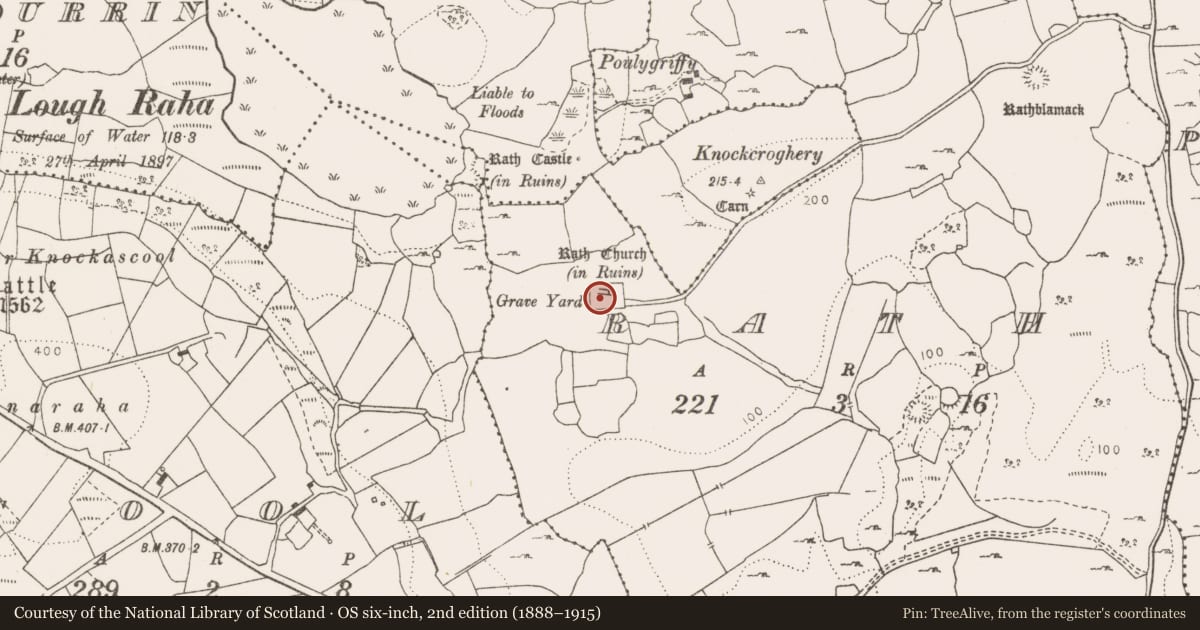 Ordnance Survey six-inch map, 2nd edition (1888–1915) covering the location of Font, Rath, County Clare, with a pin at the register's coordinates