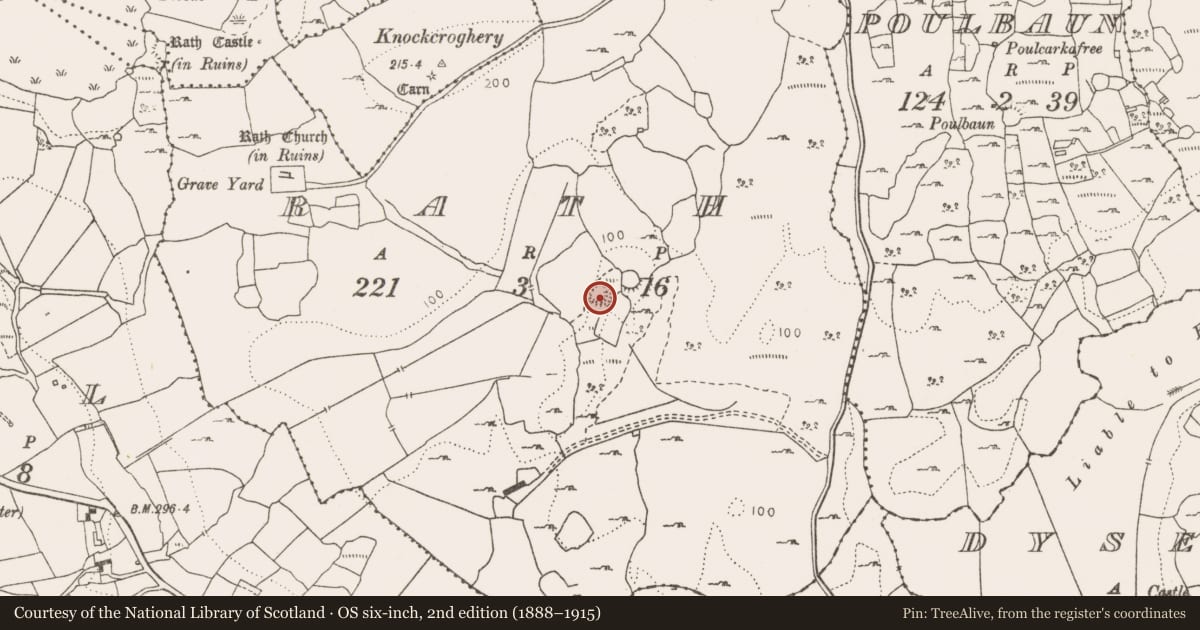 Ordnance Survey six-inch map, 2nd edition (1888–1915) covering the location of Ringfort - rath, County Clare, with a pin at the register's coordinates