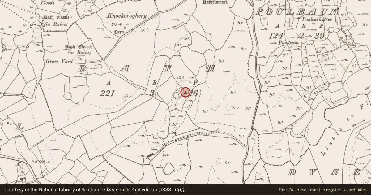 Ordnance Survey six-inch map, 2nd edition (1888–1915) covering the location of Enclosure, Rath, County Clare, with a pin at the register's coordinates