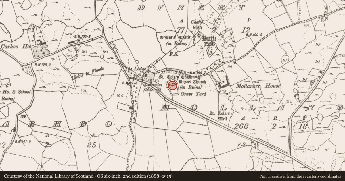 Ordnance Survey six-inch map, 2nd edition (1888–1915) covering the location of Church, Mollaneen, County Clare, with a pin at the register's coordinates