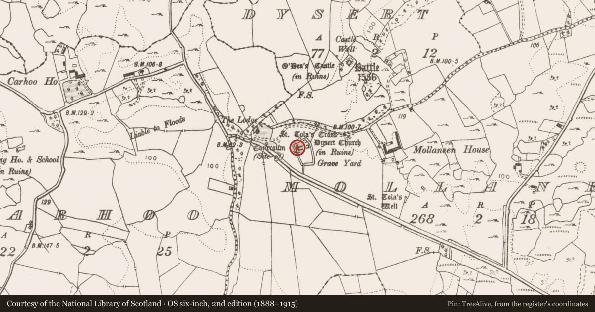 Ordnance Survey six-inch map, 2nd edition (1888–1915) covering the location of Round tower, Mollaneen, County Clare, with a pin at the register's coordinates