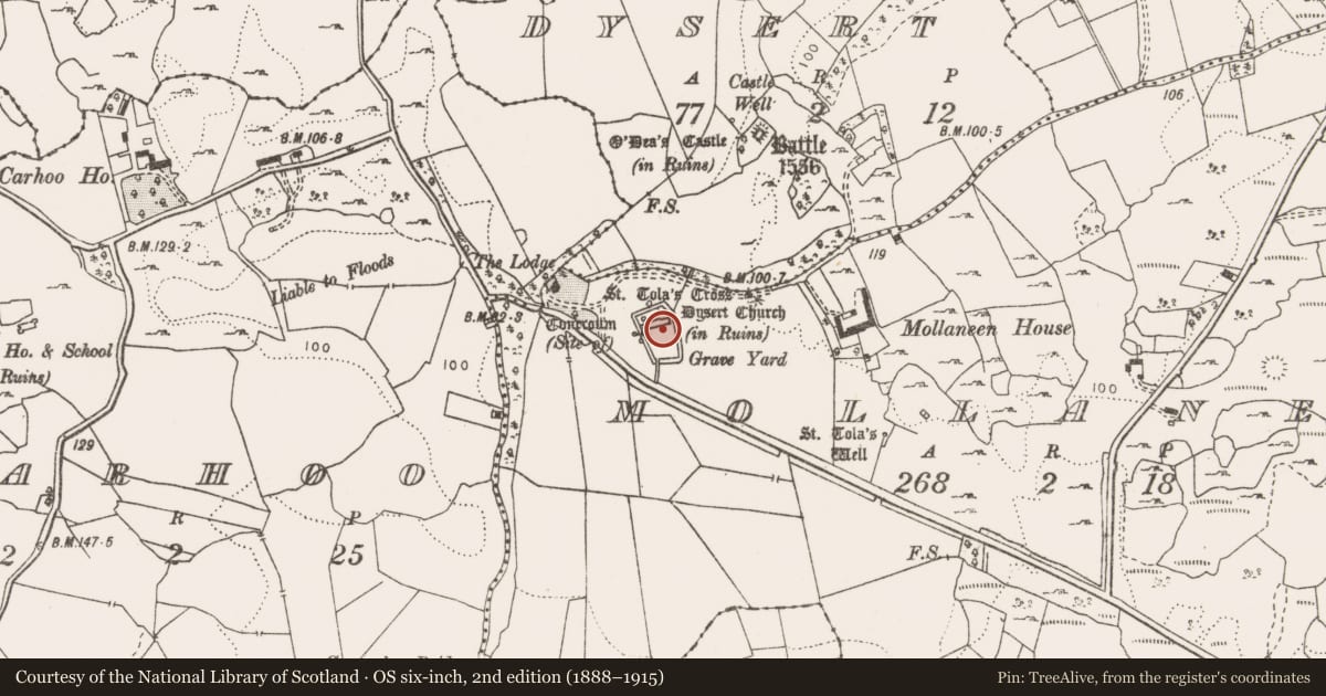 Ordnance Survey six-inch map, 2nd edition (1888–1915) covering the location of Architectural fragment, Mollaneen, County Clare, with a pin at the register's coordinates
