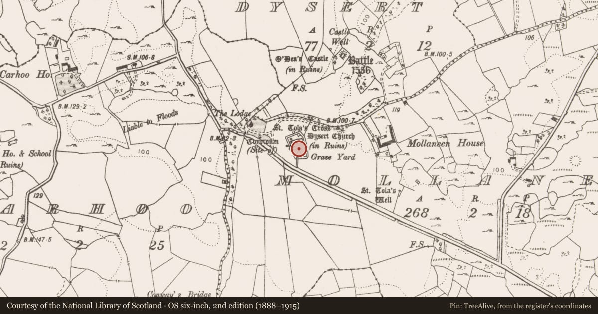 Ordnance Survey six-inch map, 2nd edition (1888–1915) covering the location of Font, Mollaneen, County Clare, with a pin at the register's coordinates