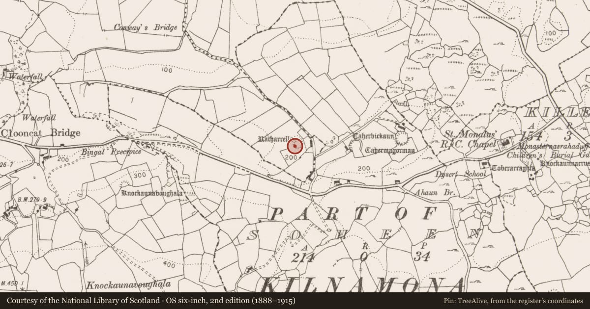 Ordnance Survey six-inch map, 2nd edition (1888–1915) covering the location of Ringfort - rath, Carhoo, County Clare, with a pin at the register's coordinates