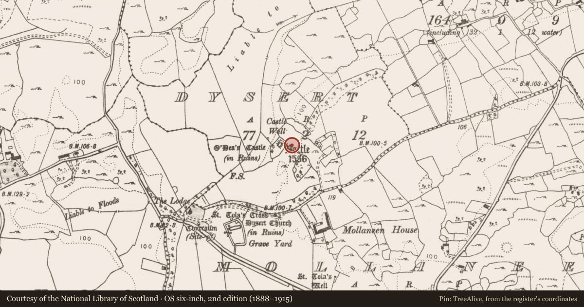 Ordnance Survey six-inch map, 2nd edition (1888–1915) covering the location of House - medieval, Dysert, County Clare, with a pin at the register's coordinates