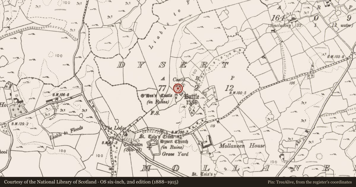 Ordnance Survey six-inch map, 2nd edition (1888–1915) covering the location of Fulacht fia, Dysert, County Clare, with a pin at the register's coordinates