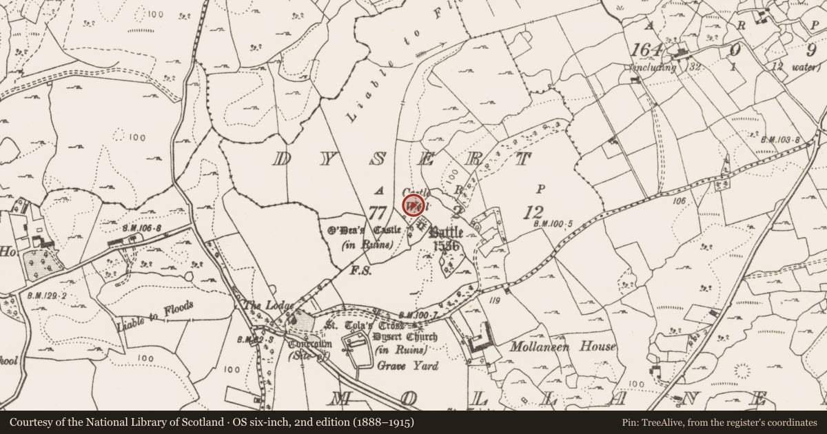 Ordnance Survey six-inch map, 2nd edition (1888–1915) covering the location of Fulacht fia, Dysert, County Clare, with a pin at the register's coordinates