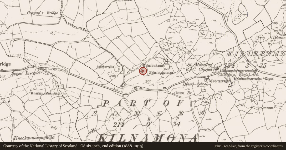 Ordnance Survey six-inch map, 2nd edition (1888–1915) covering the location of Ringfort - cashel, Soheen, County Clare, with a pin at the register's coordinates