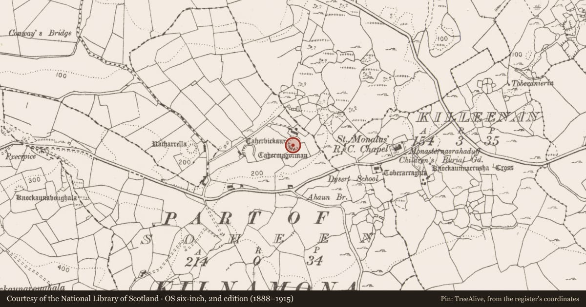 Ordnance Survey six-inch map, 2nd edition (1888–1915) covering the location of Ringfort - cashel, Soheen, County Clare, with a pin at the register's coordinates