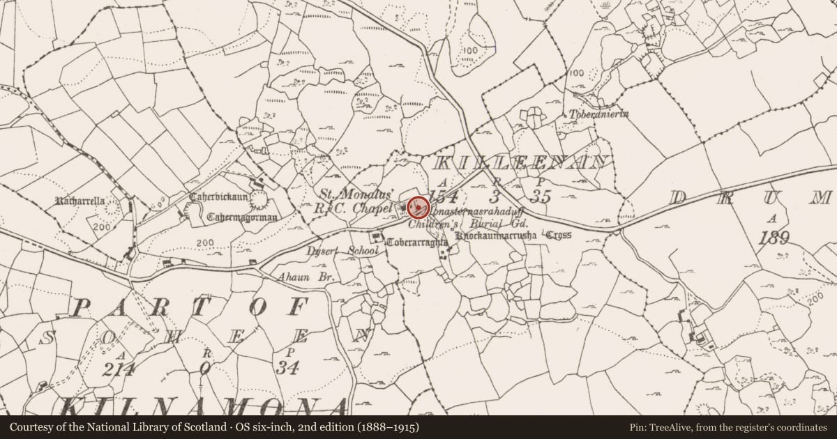Ordnance Survey six-inch map, 2nd edition (1888–1915) covering the location of Church, Killeenan, County Clare, with a pin at the register's coordinates