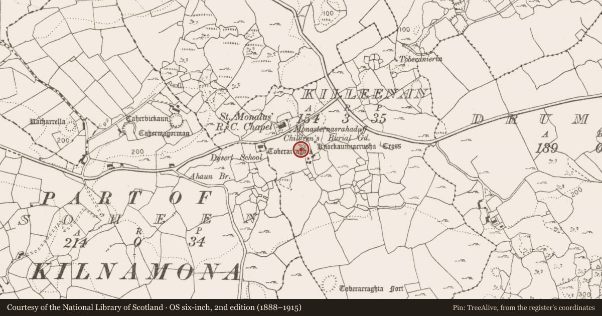 Ordnance Survey six-inch map, 2nd edition (1888–1915) covering the location of Ritual site - holy well, Killeenan, County Clare, with a pin at the register's coordinates
