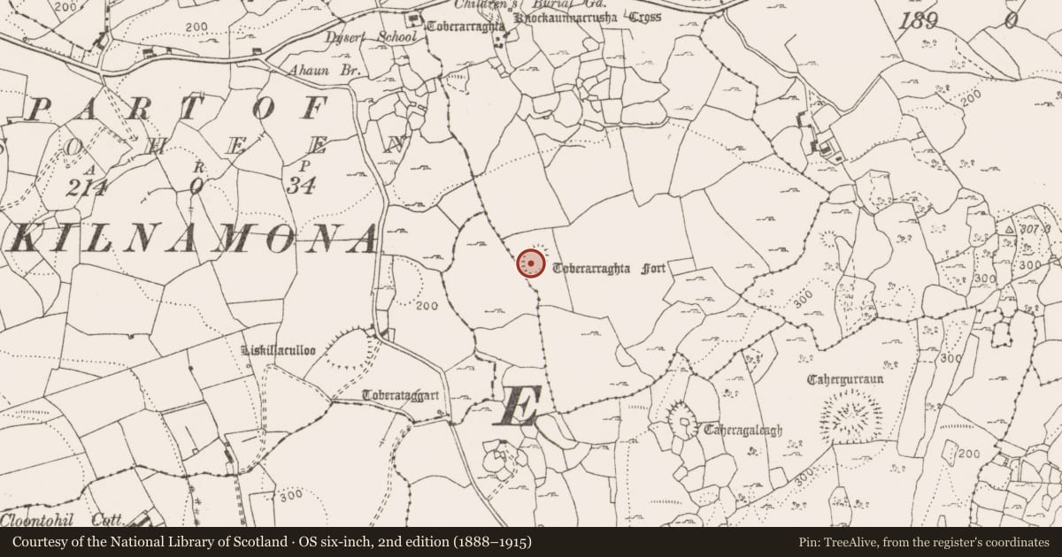Ordnance Survey six-inch map, 2nd edition (1888–1915) covering the location of Ringfort - cashel, Killeenan, County Clare, with a pin at the register's coordinates