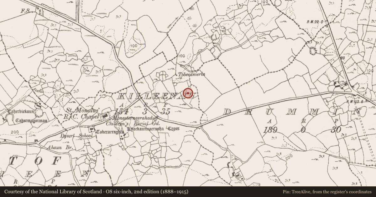 Ordnance Survey six-inch map, 2nd edition (1888–1915) covering the location of Ringfort - cashel, Killeenan, County Clare, with a pin at the register's coordinates