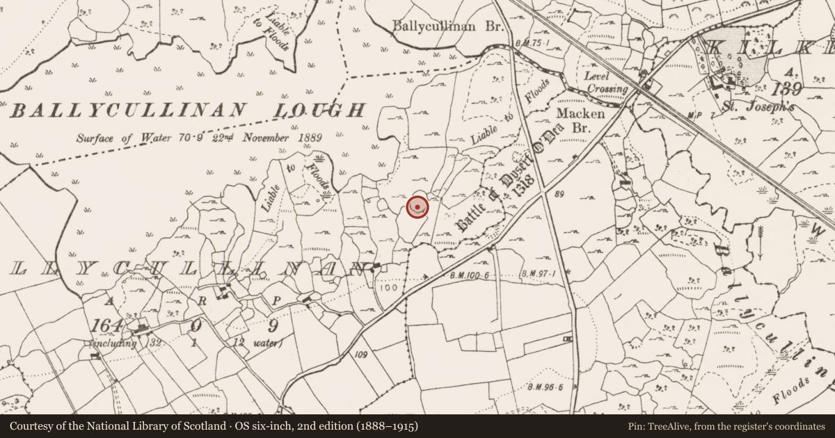 Ordnance Survey six-inch map, 2nd edition (1888–1915) covering the location of Enclosure, Ballycullinan, County Clare, with a pin at the register's coordinates