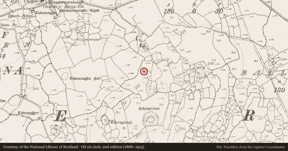Ordnance Survey six-inch map, 2nd edition (1888–1915) covering the location of Enclosure, Drummina, County Clare, with a pin at the register's coordinates