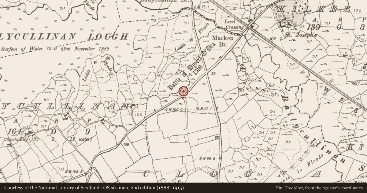 Ordnance Survey six-inch map, 2nd edition (1888–1915) covering the location of Enclosure, Cloona, County Clare, with a pin at the register's coordinates