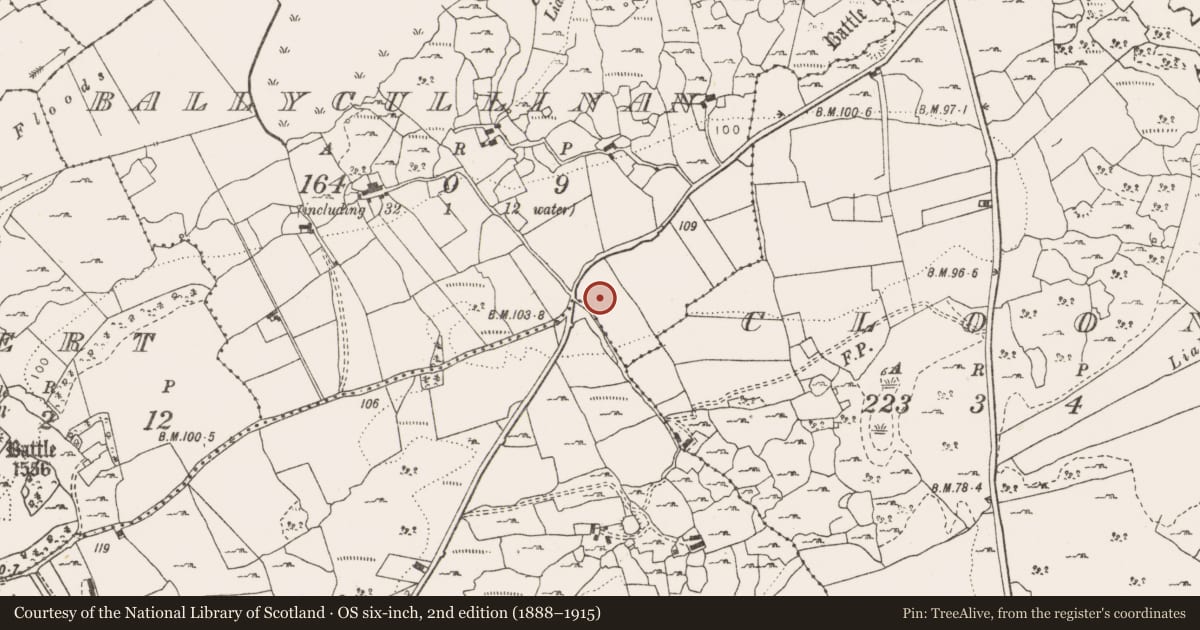 Ordnance Survey six-inch map, 2nd edition (1888–1915) covering the location of Battlefield, County Clare, with a pin at the register's coordinates