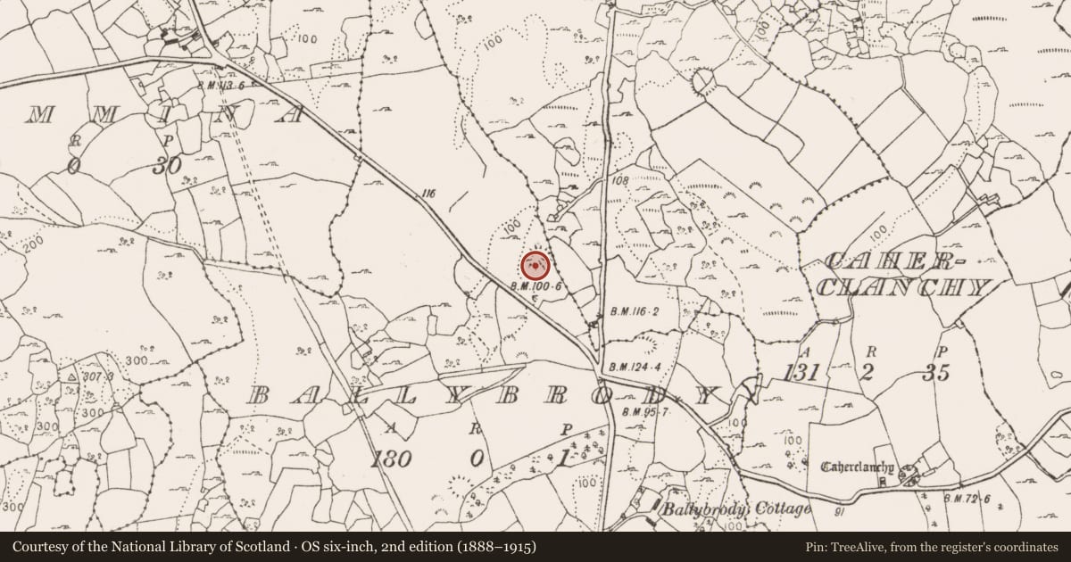 Ordnance Survey six-inch map, 2nd edition (1888–1915) covering the location of Enclosure, Ballybrody, County Clare, with a pin at the register's coordinates