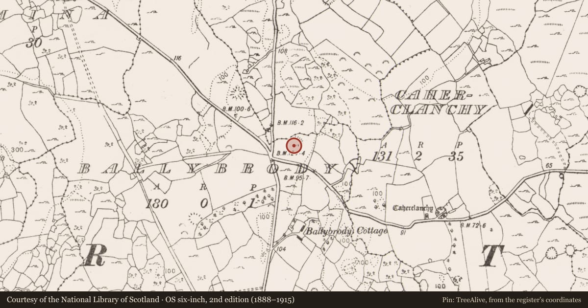 Ordnance Survey six-inch map, 2nd edition (1888–1915) covering the location of Earthwork, Ballybrody, County Clare, with a pin at the register's coordinates
