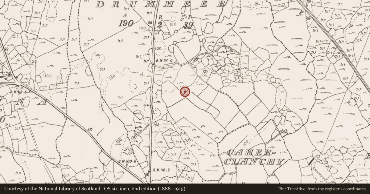 Ordnance Survey six-inch map, 2nd edition (1888–1915) covering the location of Enclosure, Drummeer, County Clare, with a pin at the register's coordinates