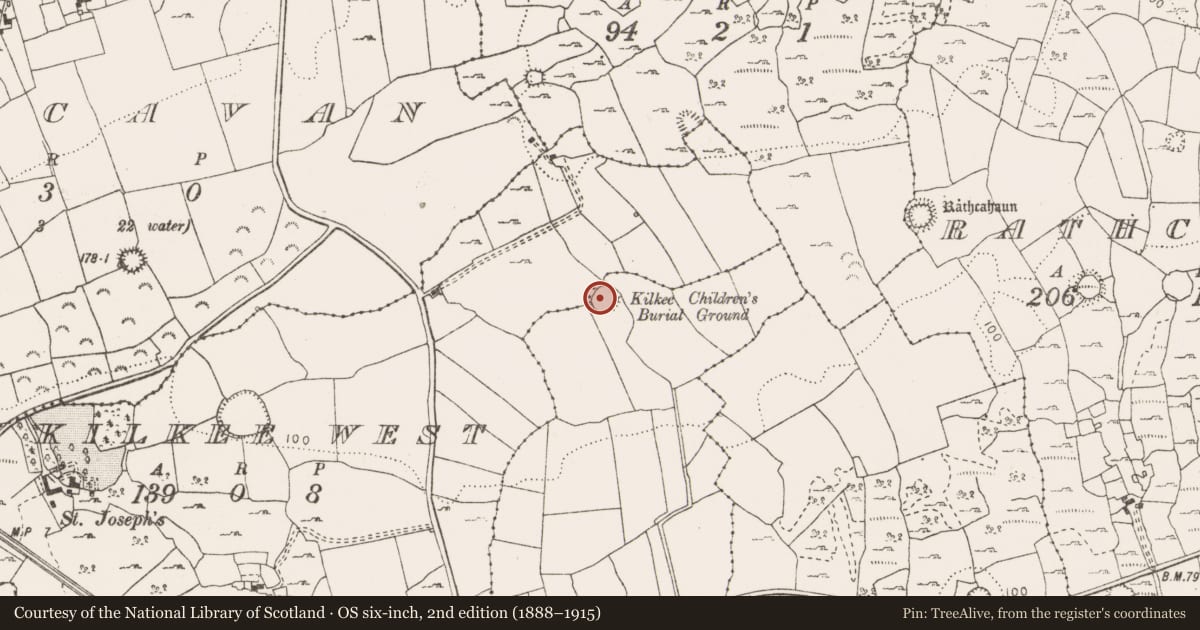 Ordnance Survey six-inch map, 2nd edition (1888–1915) covering the location of Children's burial ground, Kilkee East, County Clare, with a pin at the register's coordinates