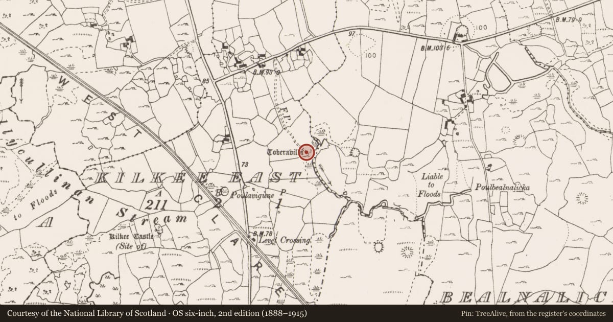 Ordnance Survey six-inch map, 2nd edition (1888–1915) covering the location of Ritual site - holy well, Kilkee East, County Clare, with a pin at the register's coordinates