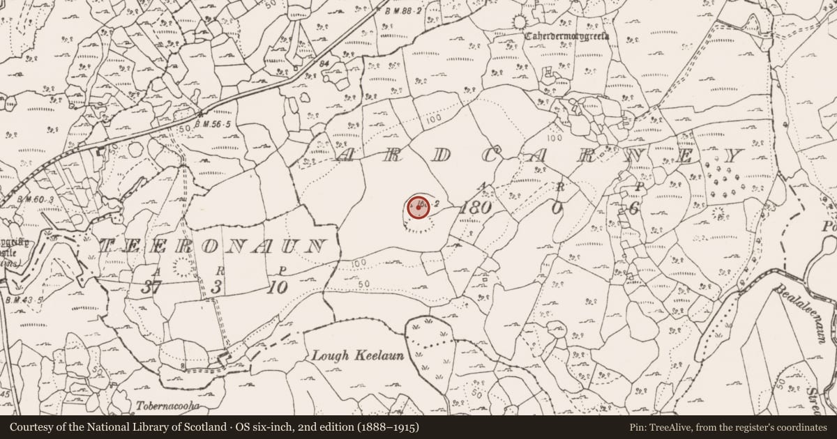 Ordnance Survey six-inch map, 2nd edition (1888–1915) covering the location of Hilltop enclosure, Ardcarney, County Clare, with a pin at the register's coordinates