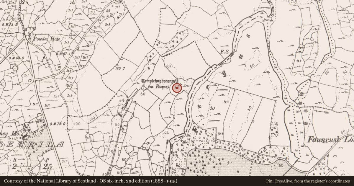 Ordnance Survey six-inch map, 2nd edition (1888–1915) covering the location of Building, Aughrim (Kelly), County Clare, with a pin at the register's coordinates
