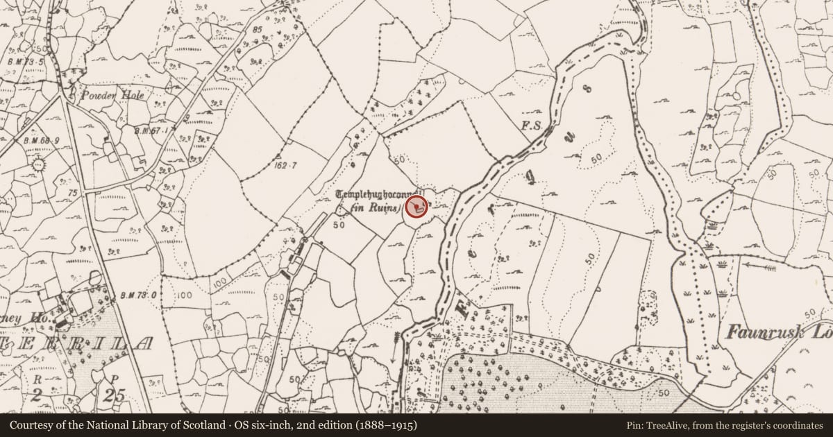 Ordnance Survey six-inch map, 2nd edition (1888–1915) covering the location of Ecclesiastical enclosure, Aughrim (Kelly), County Clare, with a pin at the register's coordinates