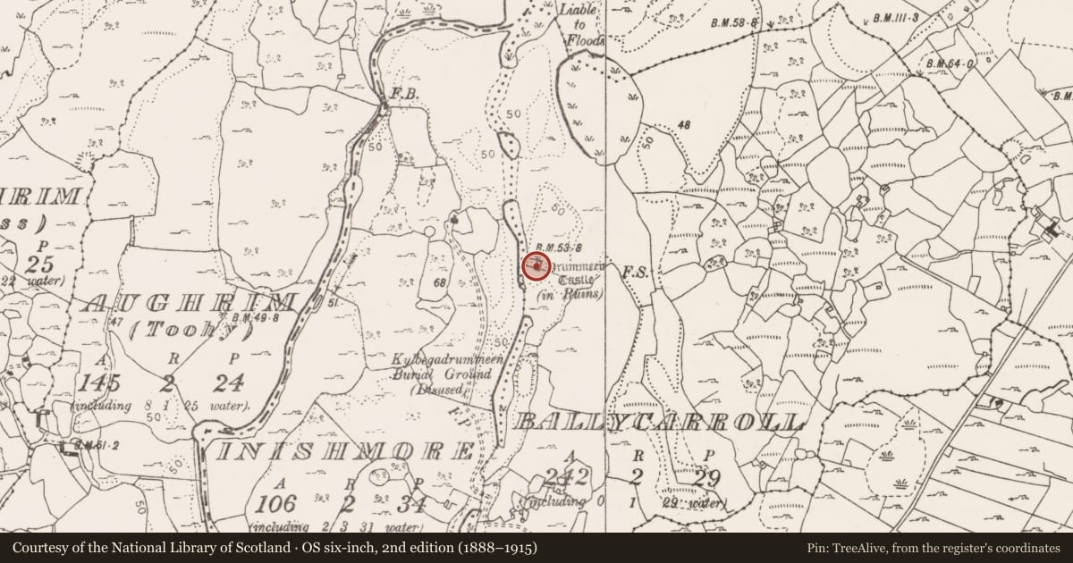 Ordnance Survey six-inch map, 2nd edition (1888–1915) covering the location of Castle - hall-house, Ballycarroll, County Clare, with a pin at the register's coordinates