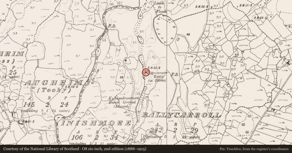 Ordnance Survey six-inch map, 2nd edition (1888–1915) covering the location of Bawn, Ballycarroll, County Clare, with a pin at the register's coordinates