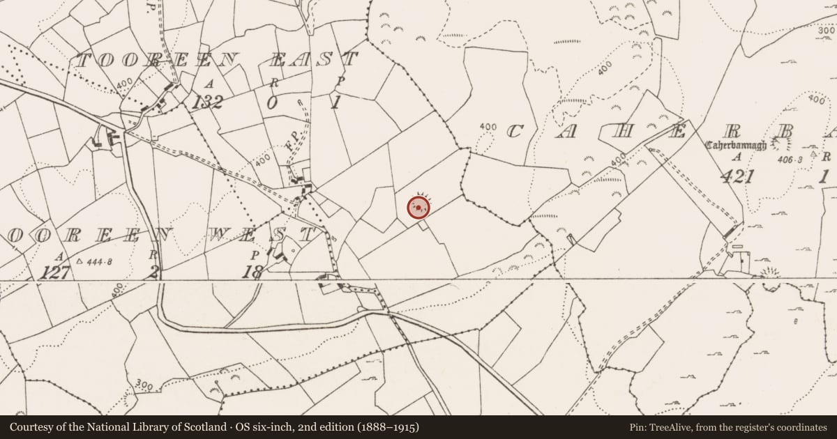 Ordnance Survey six-inch map, 2nd edition (1888–1915) covering the location of Ringfort - rath, Tooreen East, County Clare, with a pin at the register's coordinates