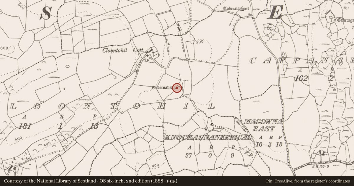 Ordnance Survey six-inch map, 2nd edition (1888–1915) covering the location of Ritual site - holy well, Cloontohil, County Clare, with a pin at the register's coordinates