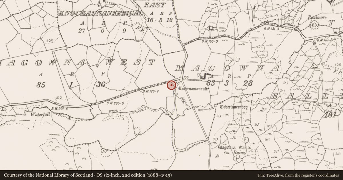 Ordnance Survey six-inch map, 2nd edition (1888–1915) covering the location of Ritual site - holy well, Magowna, County Clare, with a pin at the register's coordinates