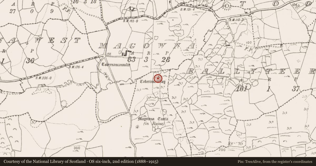 Ordnance Survey six-inch map, 2nd edition (1888–1915) covering the location of Ritual site - holy well, Caherbannagh, County Clare, with a pin at the register's coordinates
