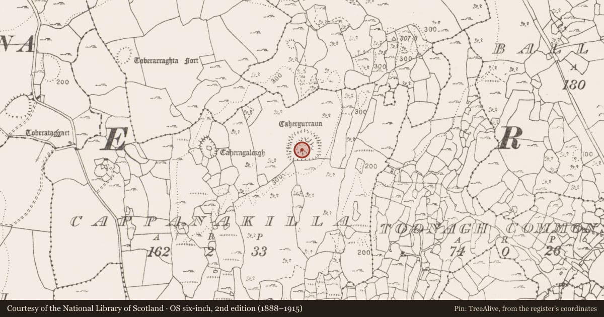 Ordnance Survey six-inch map, 2nd edition (1888–1915) covering the location of Concentric enclosure, Cappanakilla, County Clare, with a pin at the register's coordinates
