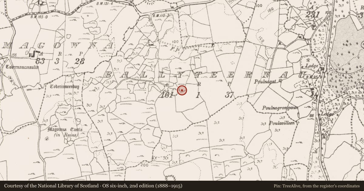 Ordnance Survey six-inch map, 2nd edition (1888–1915) covering the location of Earthwork, Ballyteernan, County Clare, with a pin at the register's coordinates