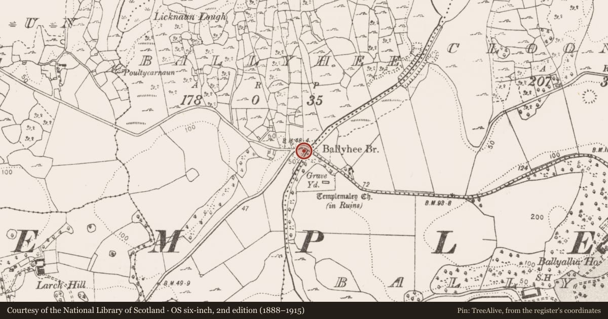 Ordnance Survey six-inch map, 2nd edition (1888–1915) covering the location of Souterrain, Ballyhee, County Clare, with a pin at the register's coordinates