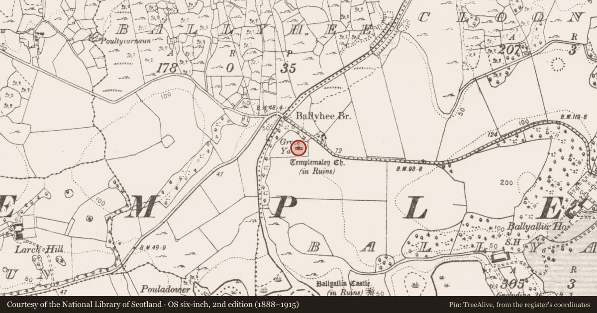 Ordnance Survey six-inch map, 2nd edition (1888–1915) covering the location of Church, Ballyallia, County Clare, with a pin at the register's coordinates