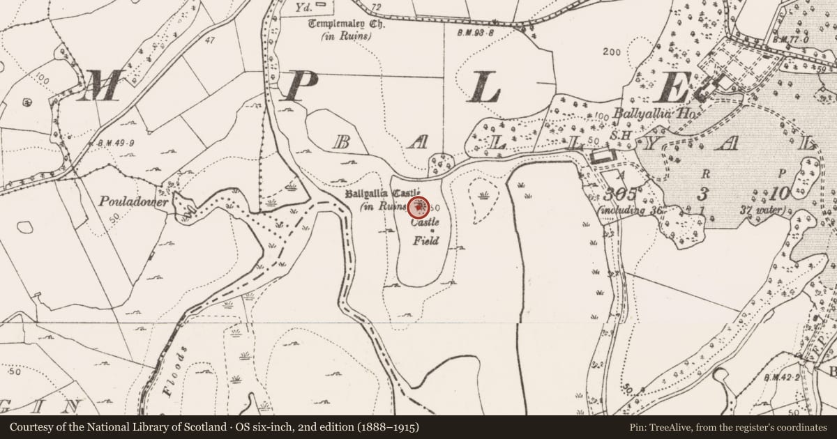Ordnance Survey six-inch map, 2nd edition (1888–1915) covering the location of Earthwork, Ballyallia, County Clare, with a pin at the register's coordinates