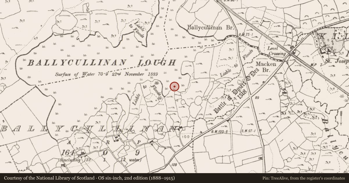 Ordnance Survey six-inch map, 2nd edition (1888–1915) covering the location of Crannog, Ballycullinan, County Clare, with a pin at the register's coordinates