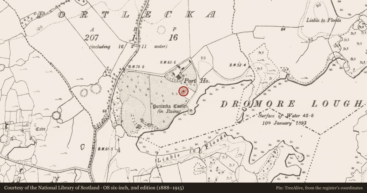 Ordnance Survey six-inch map, 2nd edition (1888–1915) covering the location of Designed landscape feature, Portlecka, County Clare, with a pin at the register's coordinates