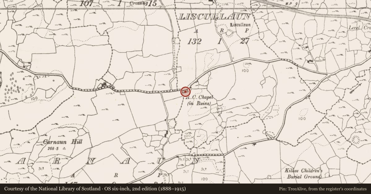 Ordnance Survey six-inch map, 2nd edition (1888–1915) covering the location of Church, Liscullaun, County Clare, with a pin at the register's coordinates