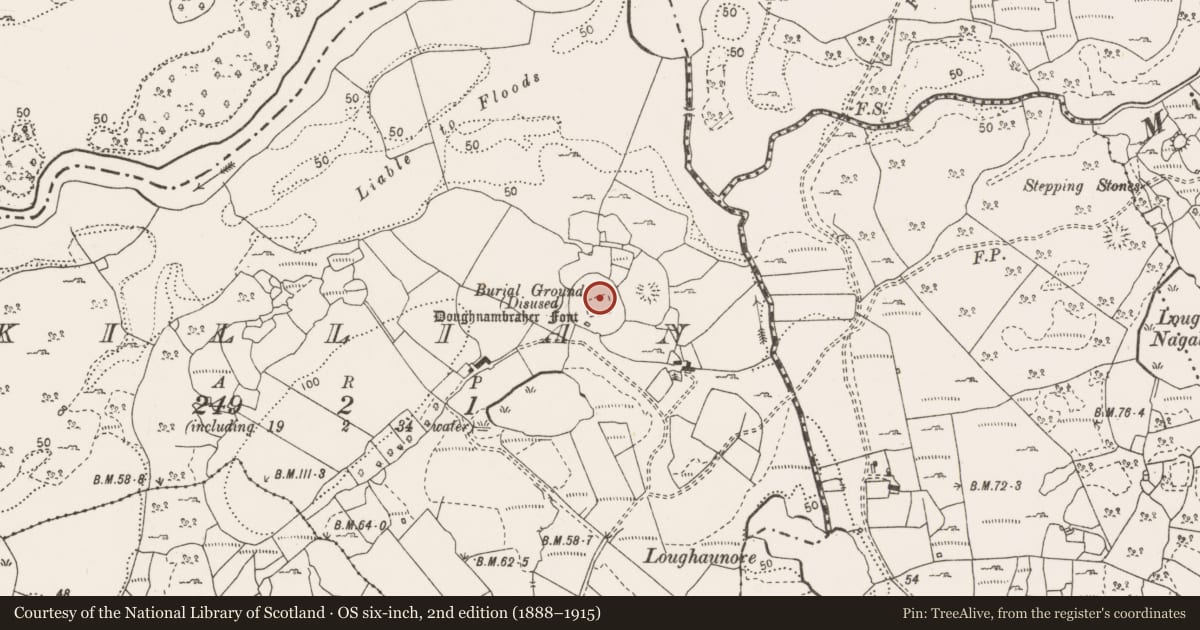 Ordnance Survey six-inch map, 2nd edition (1888–1915) covering the location of Church, Killian, County Clare, with a pin at the register's coordinates