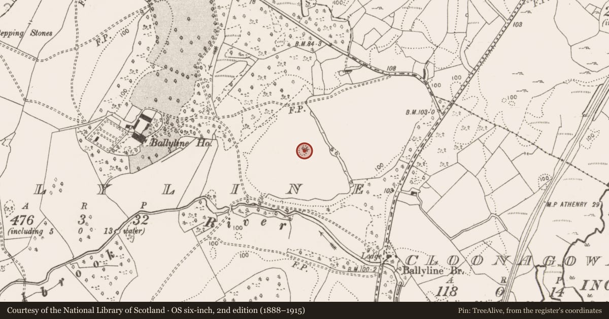 Ordnance Survey six-inch map, 2nd edition (1888–1915) covering the location of Earthwork, Ballyline, County Clare, with a pin at the register's coordinates