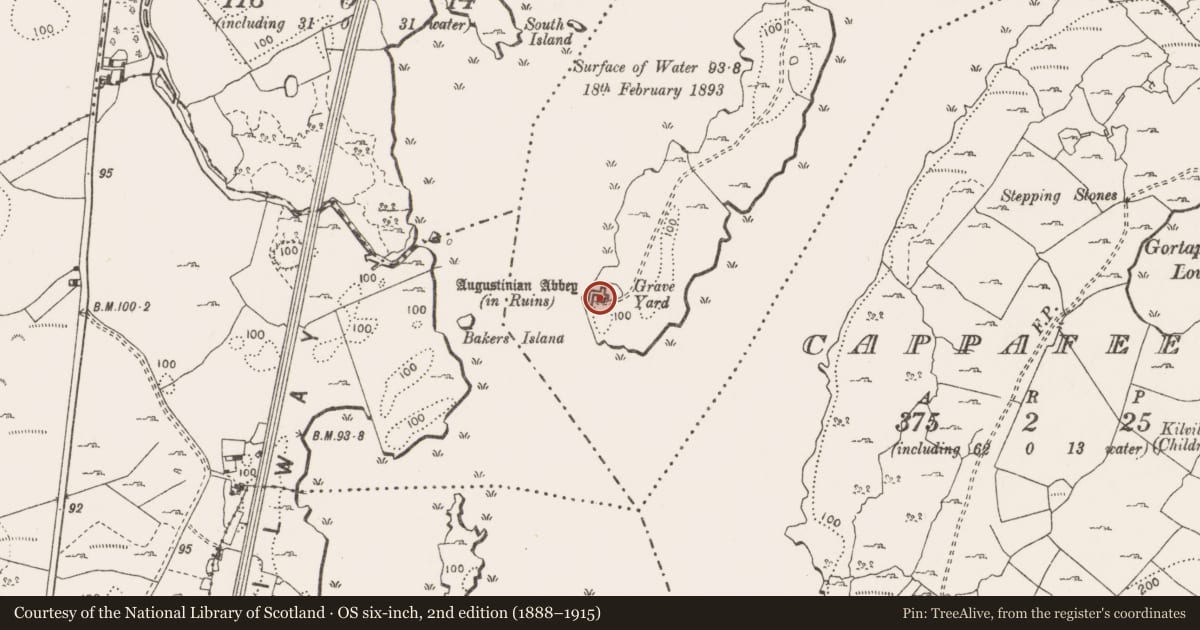 Ordnance Survey six-inch map, 2nd edition (1888–1915) covering the location of Religious house - Augustinian canons, Inchicronan Island, County Clare, with a pin at the register's coordinates