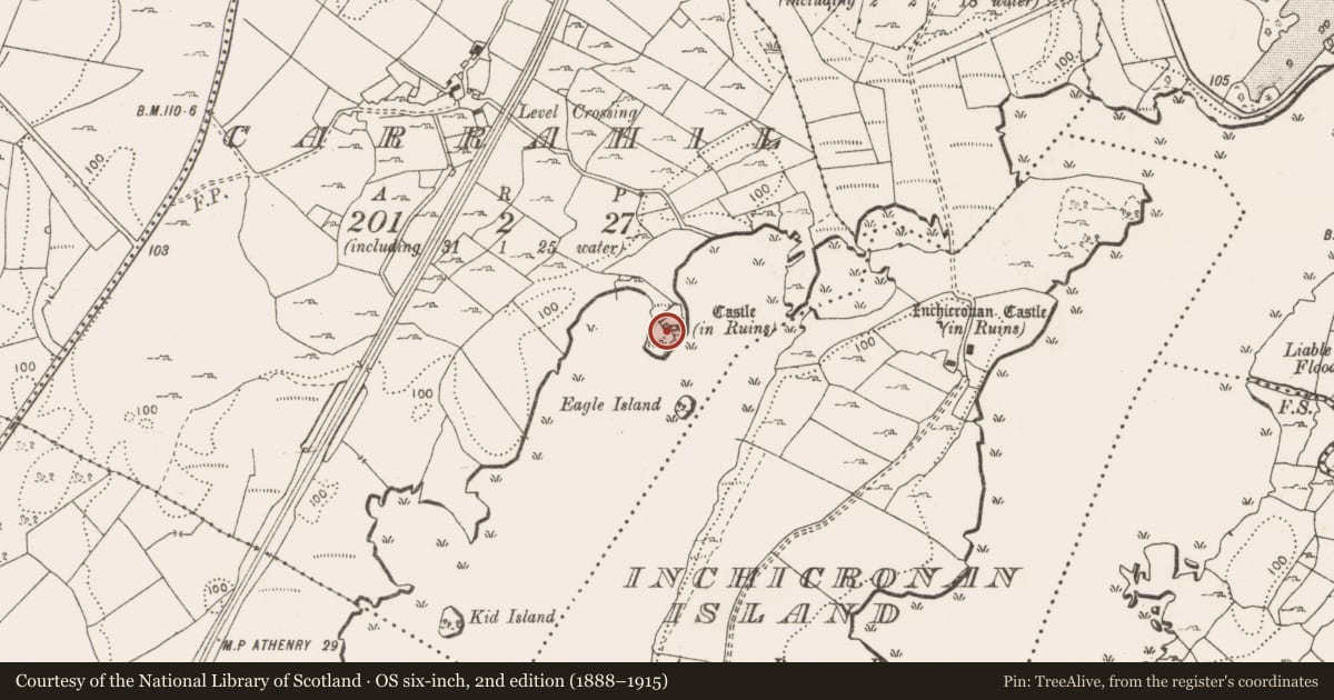 Ordnance Survey six-inch map, 2nd edition (1888–1915) covering the location of Bawn, Carrahil, County Clare, with a pin at the register's coordinates
