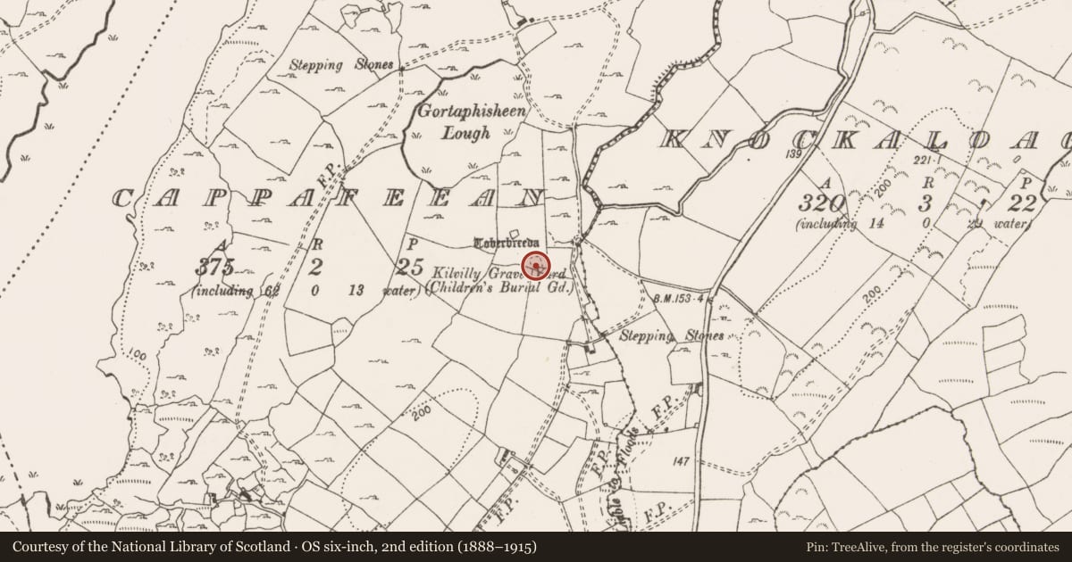 Ordnance Survey six-inch map, 2nd edition (1888–1915) covering the location of Children's burial ground, Cappafeean, County Clare, with a pin at the register's coordinates