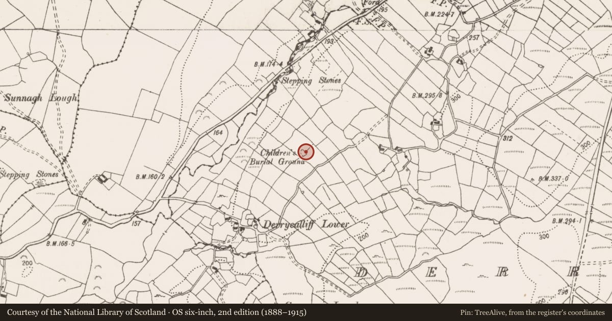 Ordnance Survey six-inch map, 2nd edition (1888–1915) covering the location of Children's burial ground, Derrycalliff, County Clare, with a pin at the register's coordinates