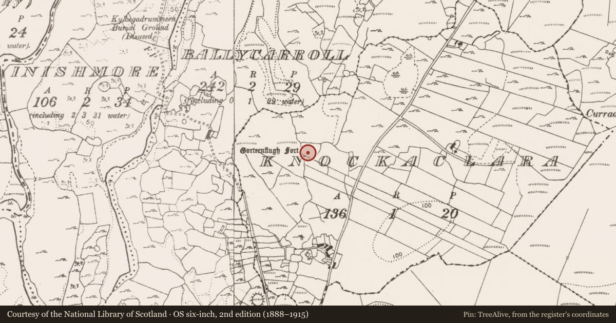 Ordnance Survey six-inch map, 2nd edition (1888–1915) covering the location of Enclosure, Knockaclara, County Clare, with a pin at the register's coordinates